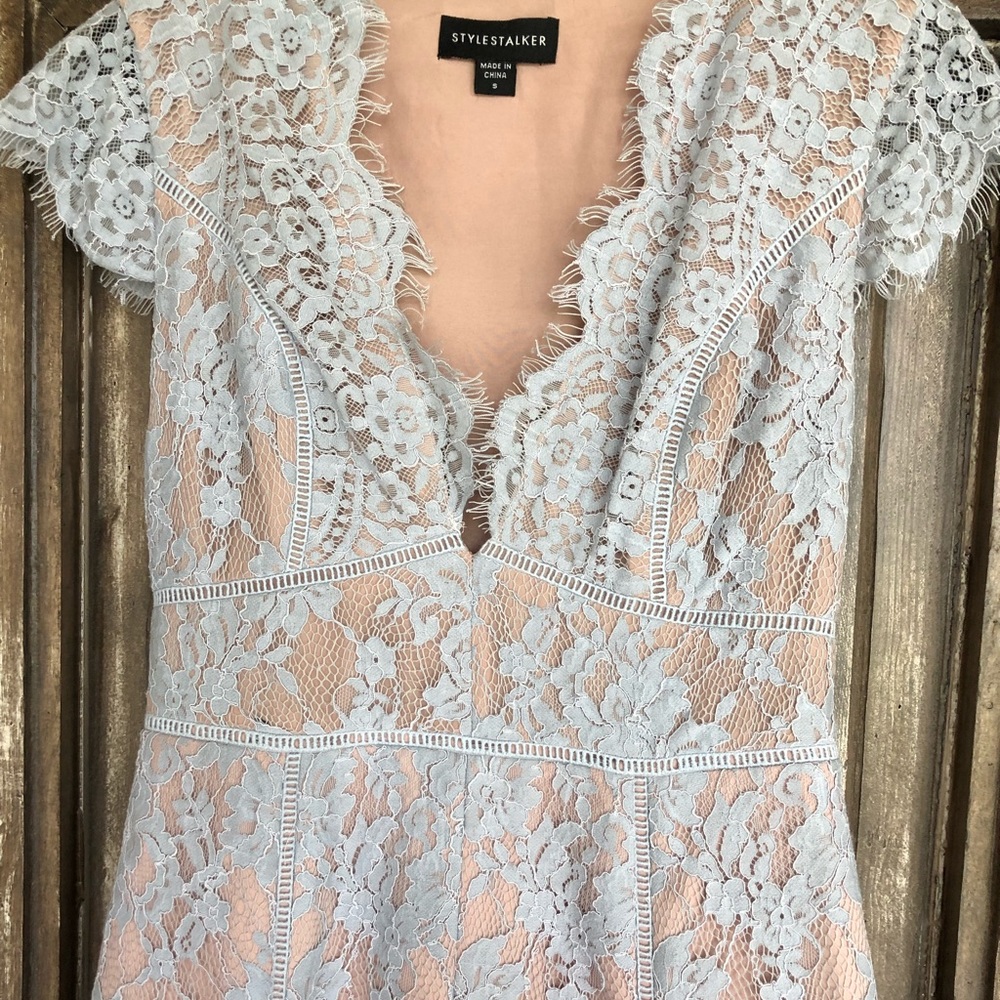 stylestalker lace dress Stylestalker Revolve Rosale Lace Halter Cut Out Midi Dress Purple Lace XS S